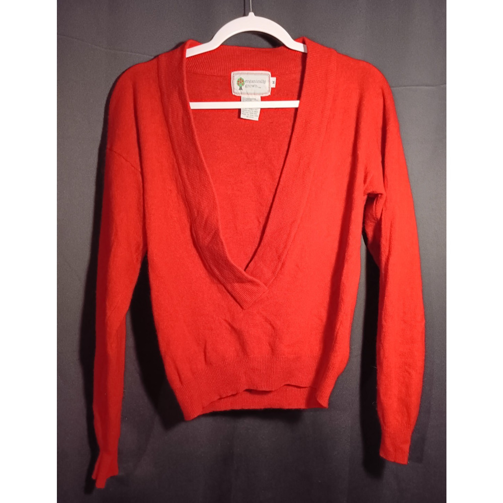 Organically Grown Women Medium Red Deep V Neck Lambswool Angora Wool VTG Sweater
